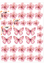 Load image into Gallery viewer, Set of pink edible cake toppers including detailed hibiscus flowers and butterflies in soft pink tones, ideal for spring and wedding celebrations