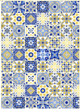 Load image into Gallery viewer, Portuguese tile pattern edible icing sheet with small blue and yellow mosaic design for cake decoration