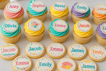 Load image into Gallery viewer, Personalized edible toppers for cupcakes and cookies