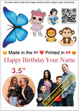 Load image into Gallery viewer, A custom edible image featuring various characters and a personalized birthday message.