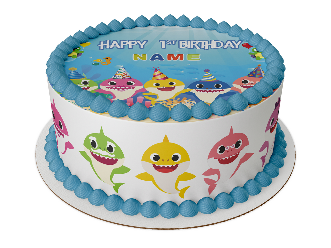Colorful Baby Shark cake decoration with shark family characters