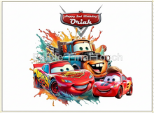 Load image into Gallery viewer, Birthday cake topper with cartoon cars and colorful design, featuring the text &#39;Happy Birthday&#39;.
