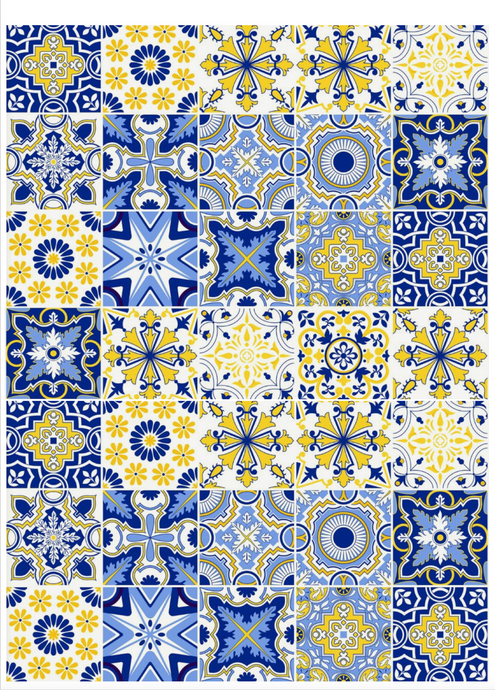 Portuguese tile pattern edible icing sheet with large blue and yellow azulejo design for cake decoration