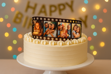 Load image into Gallery viewer, Photo reel cake topper applied to birthday cake showing film strip effect
