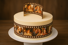 Load image into Gallery viewer, Edible photo reel cake topper with multiple custom images in film strip design
