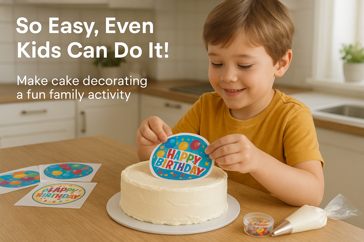 Child decorating cake with edible images - easy and fun