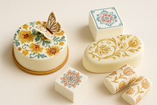 Load image into Gallery viewer, Elegant white meringues with intricate transferred designs created using edible transfer sheets
