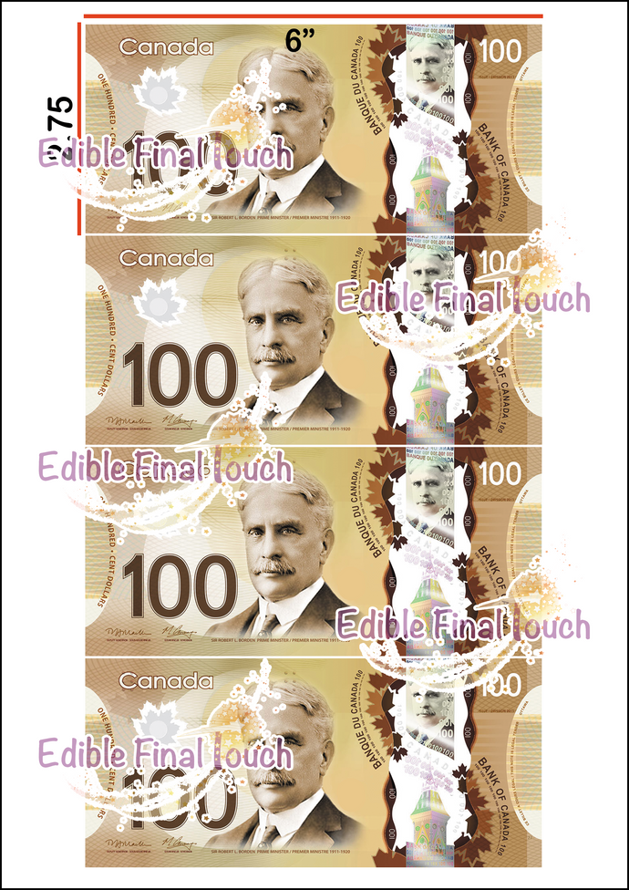 Edible $100 Canadian Bill Cake Decorations