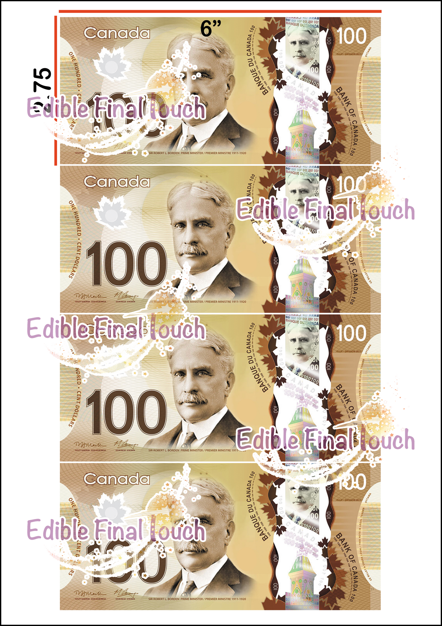 Edible $100 Canadian Bill Cake Decorations