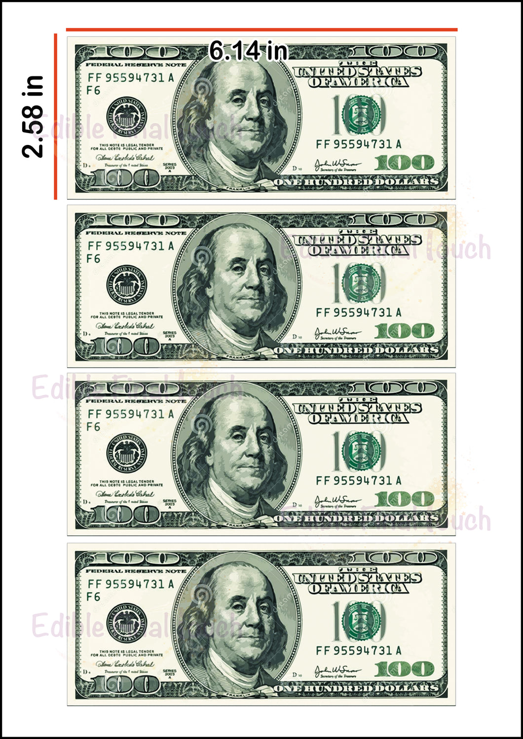 A set of edible cake decorations designed to look like US $100 bills, with realistic detailing.